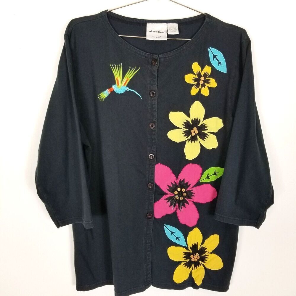 VTG MICHAEL SIMON Multicolored Floral Embroidered Button down Jacket Sz 1X Artsy